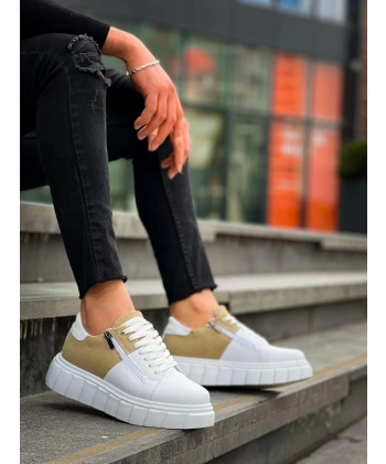 KB-X155 Kuback Beyaz Cilt Bej Süet Detaylı Beyaz Yüksek Taban Günlük Spor Ayakkabı