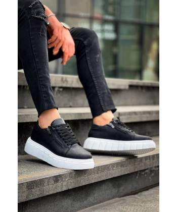 KB-X155 Kuback Siyah Cilt Detaylı Beyaz Yüksek Taban Günlük Spor Ayakkabı