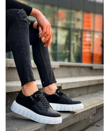 KB-X155 Kuback Siyah Cilt Siyah Süet Detaylı Beyaz Yüksek Taban Günlük Spor Ayakkabı