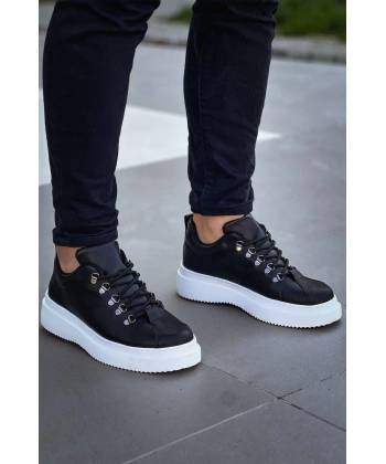 KB-X4  Kuback Siyah Cilt Yüksek Taban Bağcıklı Günlük Erkek Ayakkabı