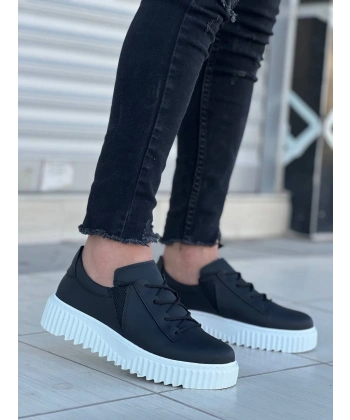 KB-X502  Kuback Siyah Cilt Yüksek Beyaz Taban Bağcık Detaylı Lastikli Günlük Erkek Ayakkabı