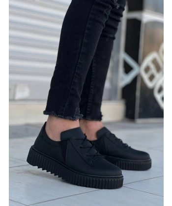 KB-X502  Kuback Siyah Cilt Yüksek Siyah Taban Bağcık Detaylı Lastikli Günlük Erkek Ayakkabı