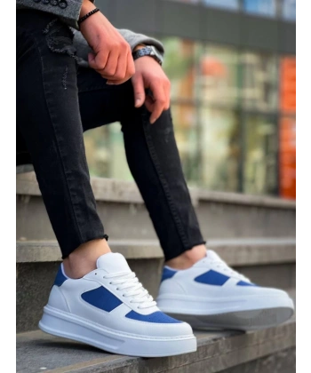 KB-X8 Kuback Beyaz Cilt Mavi Süet Detaylı Beyaz Yüksek Taban Günlük Spor Ayakkabı