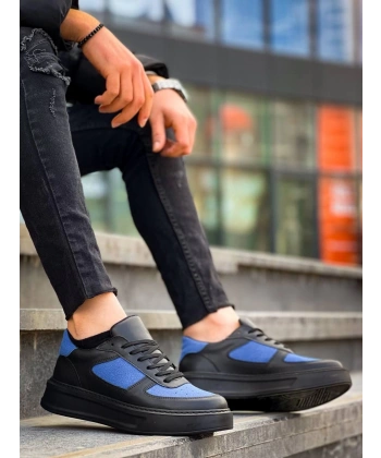 KB-X8 Kuback Siyah Cilt Mavi Süet Detaylı Siyah Yüksek Taban Günlük Spor Ayakkabı