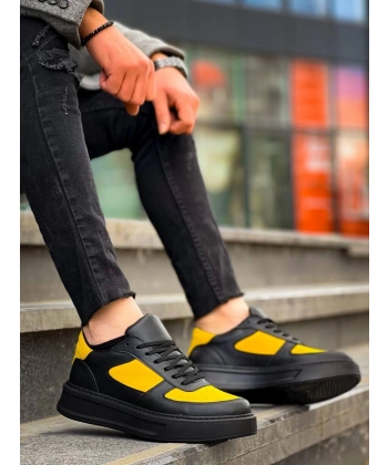 KB-X8 Kuback Siyah Sarı Cilt Yüksek Taban Günlük Spor Ayakkabı