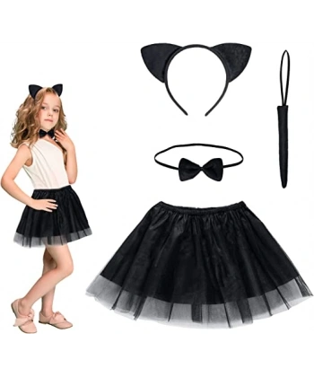 Kedi Eteği Tacı Kuyruğu ve Papyon Seti Siyah Renk Çocuk Boy