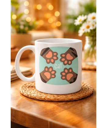Kedi Patili Sevimli Tasarım Porselen Kupa MODEL 71 – Cat Yazılı, Kahve & Çay Kupası – Hayvanseverlere Özel Hediye