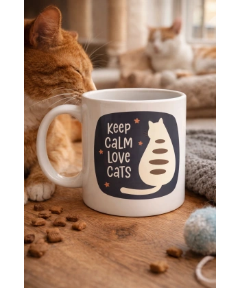 Keep Calm Love Cats Kedi Temalı Porselen Kupa MODEL 56 – Sevimli Tasarım , Kahve & Çay Kupası