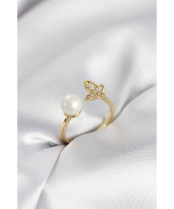 Kelebek İncili Model Gold Renk Zirkon Taşlı Kadın Yüzük