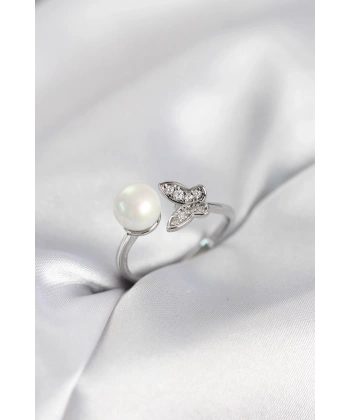 Kelebek İncili Model Gümüş Renk Zirkon Taşlı Kadın Yüzük