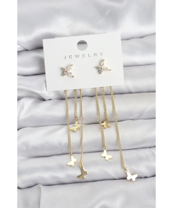 Kelebek Model Gold Renk Pirinç Sallantılı Kadın Küpe