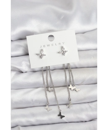 Kelebek Model Gümüş Renk Pirinç Sallantılı Kadın Küpe