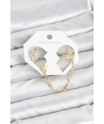 Kelebek Model Pirinç Gold Renk Zincir Bağlantılı Ear Cuff Küpe Seti