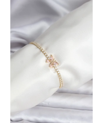 Kelebek Model Zirkon Taşlı Gold Renk Pirinç Su Yolu Kadın Bileklik