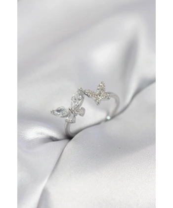 Kelebek Model Zirkon Taşlı Gümüş Renk Kadın Yüzük