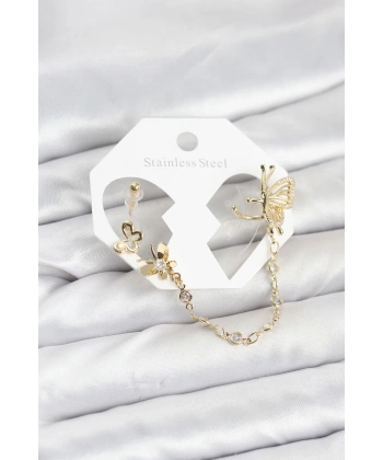 Kelebekli Model Pirinç Gold Renk Zincir Bağlantılı Ear Cuff Küpe Seti