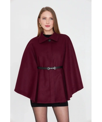 Kemerli kaşe panço bordo pt