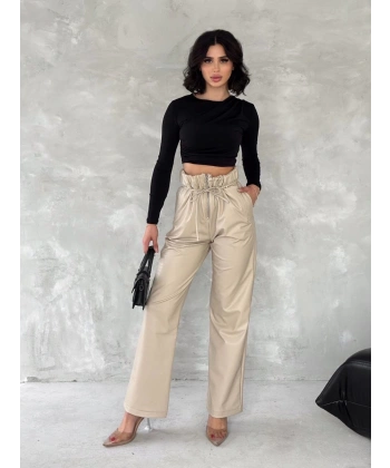 Kendinden ince kemerli deri pantolon bej t1178