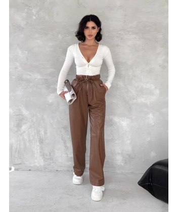 Kendinden ince kemerli deri pantolon kahve t1178