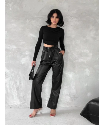 Kendinden ince kemerli deri pantolon siyah t1178