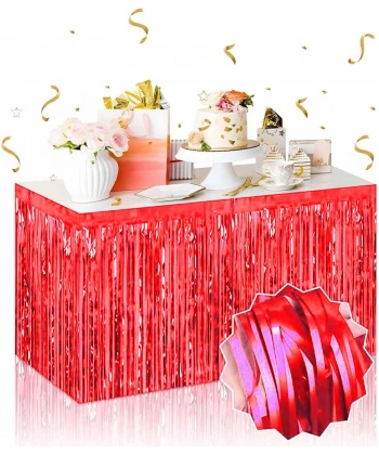 Kendinden Yapışkanlı Kırmızı Metalize Püsküllü Masa Eteği – 75 x 275 cm Parti Süslemesi