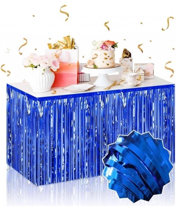 Kendinden Yapışkanlı Mavi Metalize Püsküllü Masa Eteği – 75 x 275 cm Parti Süslemesi