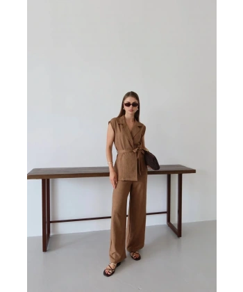 Keten yelek pantolon takım kahve pt