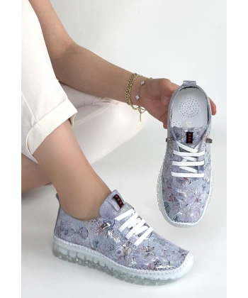 Kinte Lila Desenli Deri Bağcıklı Spor Ayakkabı