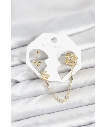 Kiraz Model Pirinç Gold Renk Zincir Bağlantılı Ear Cuff Küpe Seti