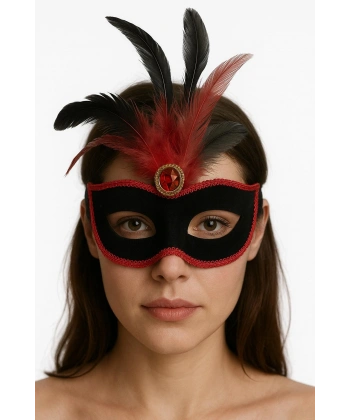 Kırmızı Dantelli Siyah Kırmızı Tüylü Siyah Süet Kaplama Parti Maskesi 17x25 cm