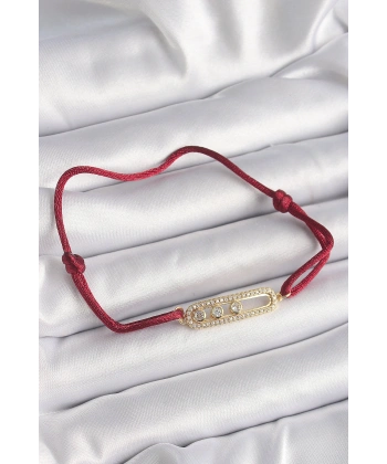 Kırmızı İpli Asansörlü Zirkon Taşlı Gold Messika Model Kadın Bileklik