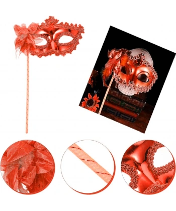 Kırmızı Işıltılı Tutmalı Fotoğraf Çekimi Maskesi 18x29 cm