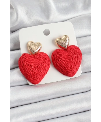 Kırmızı Kalp Figürlü Hasır Örgü Model Gold Renk Kadın Küpe