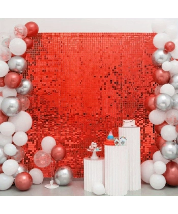 Kırmızı Renk Dikdörtgen Kesim Parlak Sim Görünümlü Fon Perde Dekor 1x2 Metre