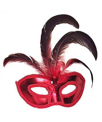 Kırmızı Renk Rugan Kaplama Kırmızı Tüylü Parti Maskesi 18x20 cm