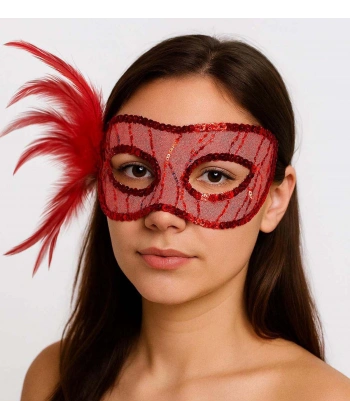 Kırmızı Renk Yandan Tüylü Pul Payet İşlemeli Parti Maskesi 23x12 cm
