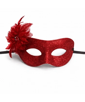 Kırmızı Simli Tüylü Balo Maskesi – Kadın Parti & Maskeli Balo Maskesi