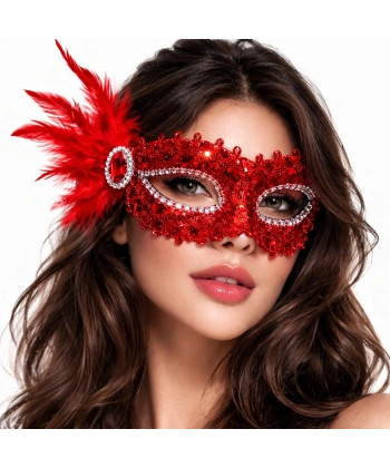 Kırmızı Taşlı Venedik Parti Maskesi – Tüylü Payetli