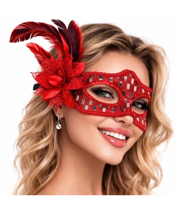 Kırmızı Tüylü Balo Maskesi Kadın Parti Aksesuarı