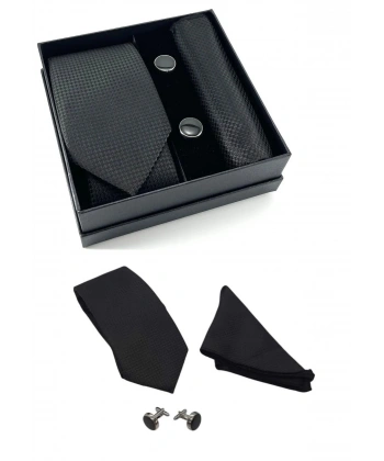 Kravat Düğme Set Siyah Desenli Kravat Mendil Kol Düğmesi Özel Set