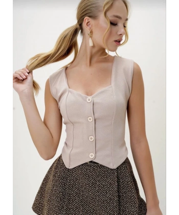 Krep kumaş düğmeli yelek bej s3395