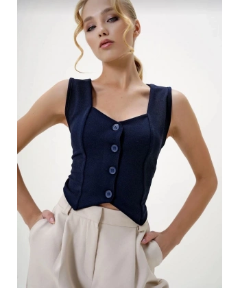 Krep kumaş düğmeli yelek lacivert s3395