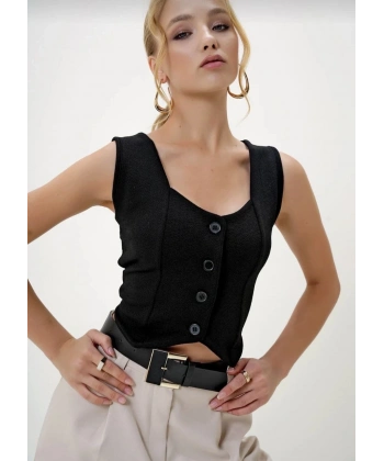 Krep kumaş düğmeli yelek siyah s3395