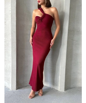 Krinkıl tek omuz uzun elbise bordo s25455