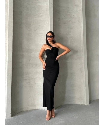 Krinkıl tek omuz uzun elbise siyah s25455