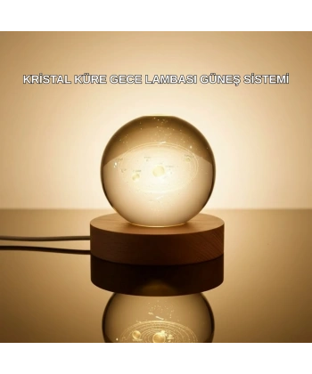 Kristal Gezegen Küre Ahşap Tabanlı USB Işıklı Gece Lambası