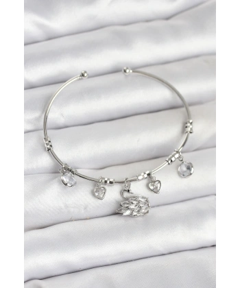 Kuğu Charmlı Gümüş Renk Kadın Bileklik