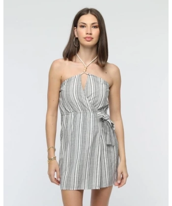 Kuşaklı çizgili mini keten elbise