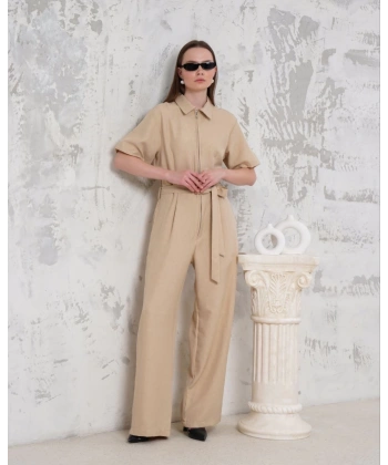 Kuşaklı gömlek yaka salaş tulum bej s255822