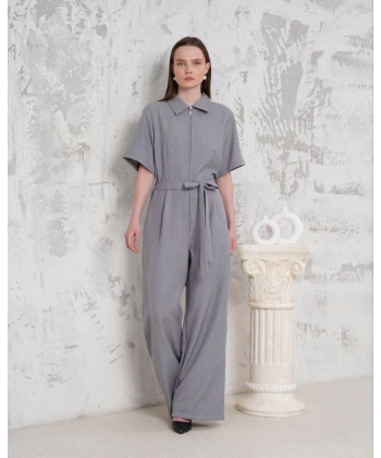 Kuşaklı gömlek yaka salaş tulum gri s255822